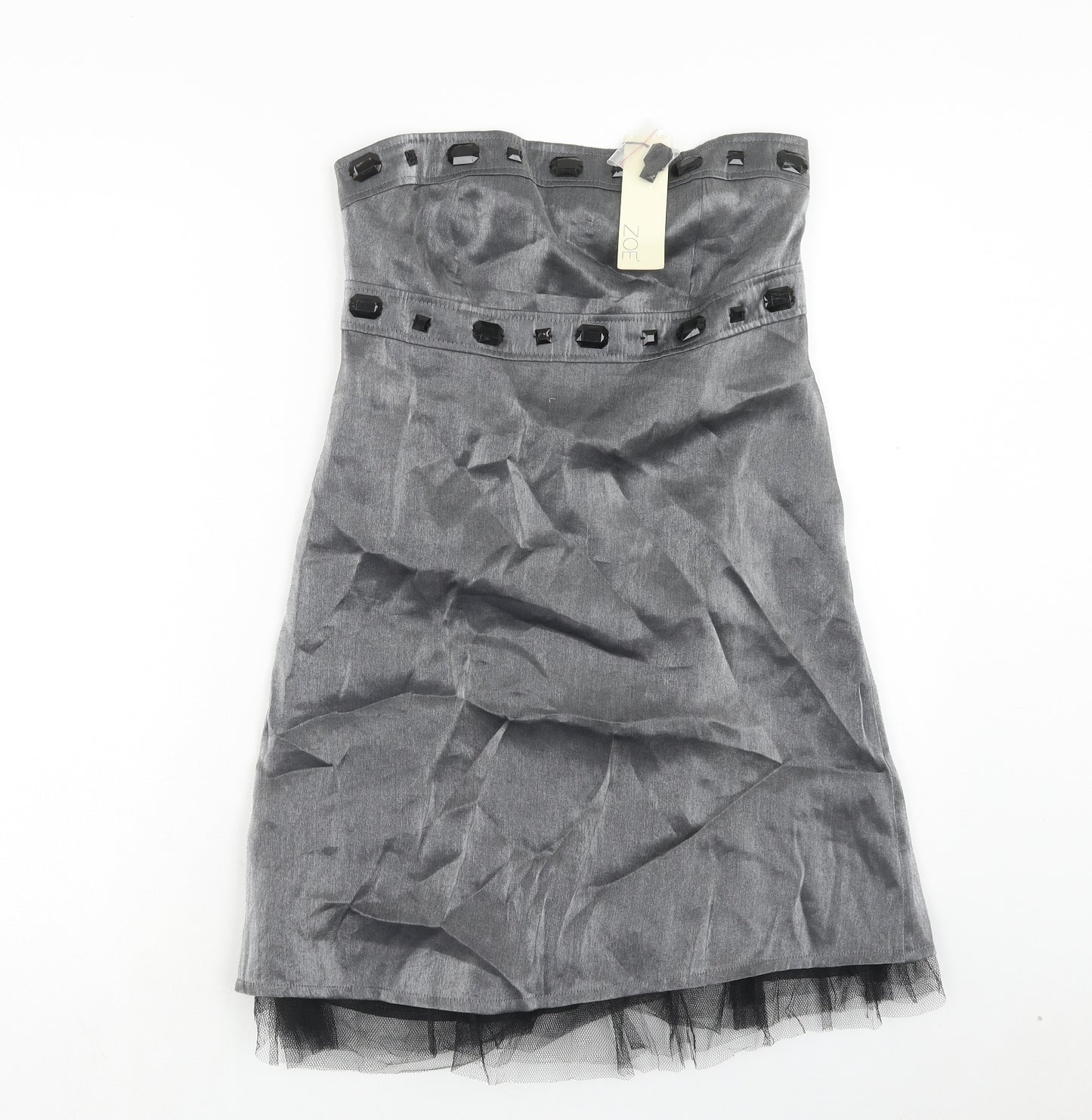 Zoe Womens Silver Viscose Shift Size 10 Off the Shoulder Zip - Tulle Detail