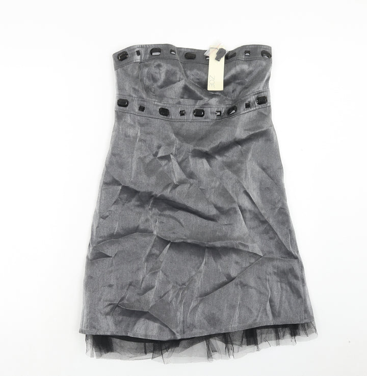 Zoe Womens Silver Viscose Shift Size 10 Off the Shoulder Zip - Tulle Detail