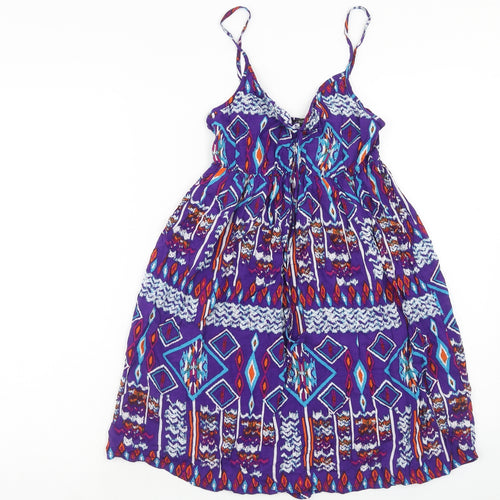 Dunnes Stores Womens Purple Geometric Viscose Skater Dress Size 8 V-Neck Pullover