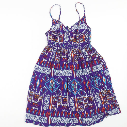 Dunnes Stores Womens Purple Geometric Viscose Skater Dress Size 8 V-Neck Pullover