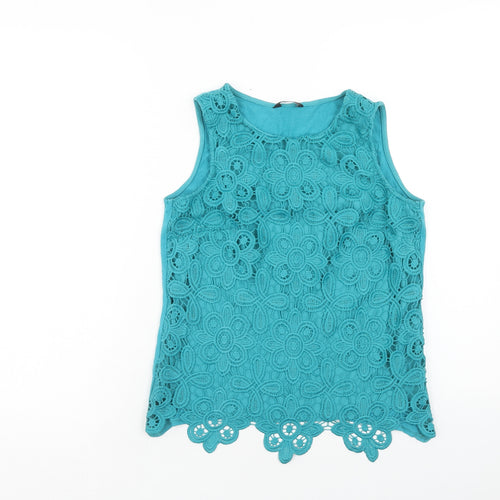 F&F Womens Blue Floral Polyester Basic Tank Size 6 Round Neck