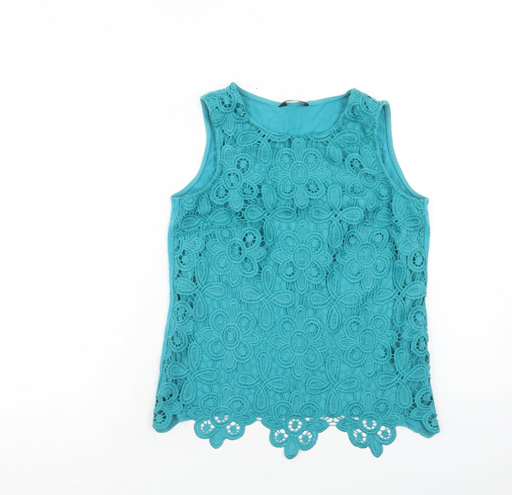 F&F Womens Blue Floral Polyester Basic Tank Size 6 Round Neck