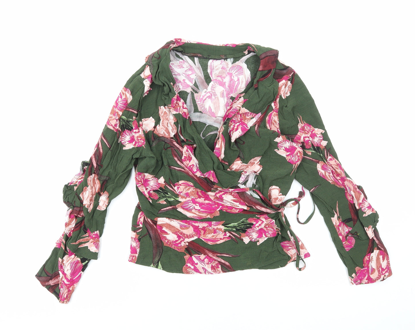 Topshop Womens Green Floral Viscose Basic Blouse Size 12 V-Neck