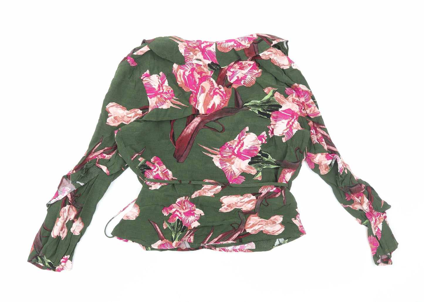Topshop Womens Green Floral Viscose Basic Blouse Size 12 V-Neck