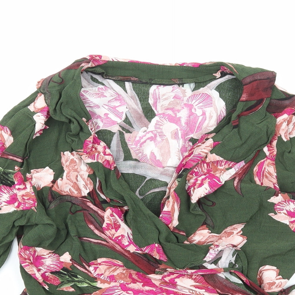 Topshop Womens Green Floral Viscose Basic Blouse Size 12 V-Neck