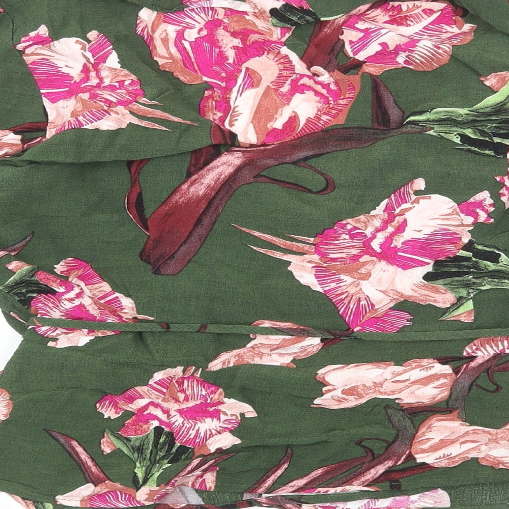 Topshop Womens Green Floral Viscose Basic Blouse Size 12 V-Neck