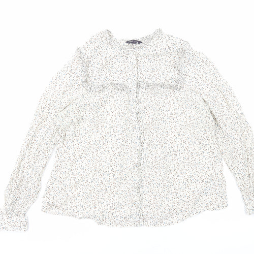 Marks and Spencer Womens White Floral Viscose Basic Button-Up Size 14 Round Neck