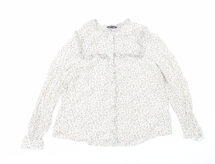 Marks and Spencer Womens White Floral Viscose Basic Button-Up Size 14 Round Neck