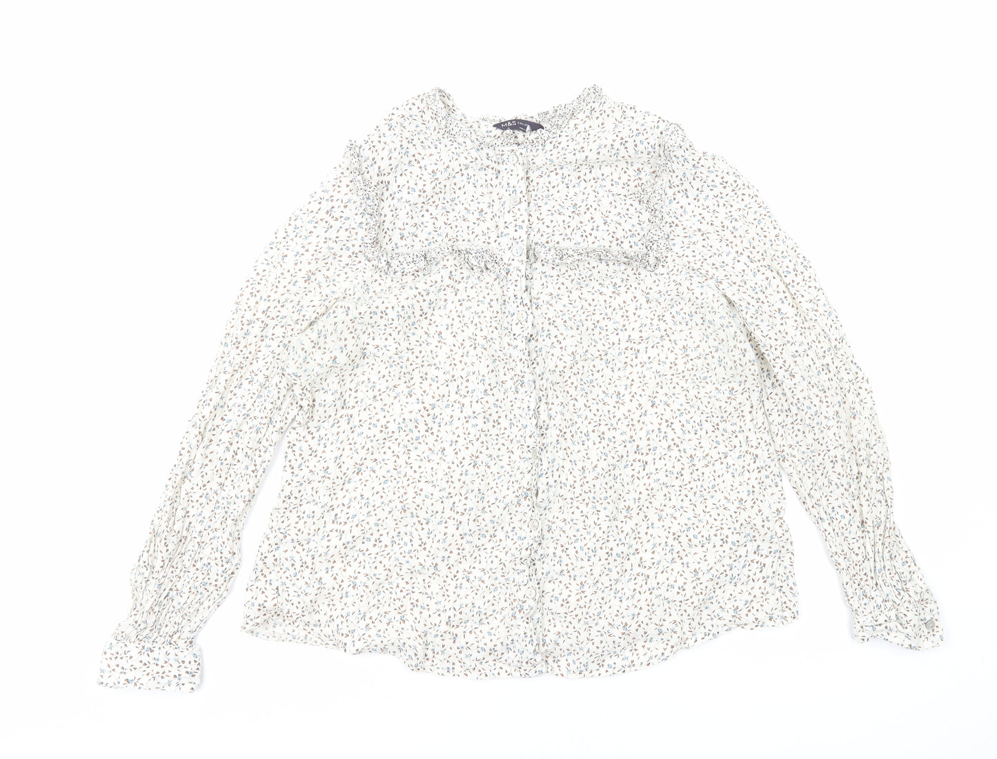 Marks and Spencer Womens White Floral Viscose Basic Button-Up Size 14 Round Neck