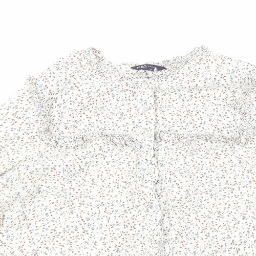 Marks and Spencer Womens White Floral Viscose Basic Button-Up Size 14 Round Neck