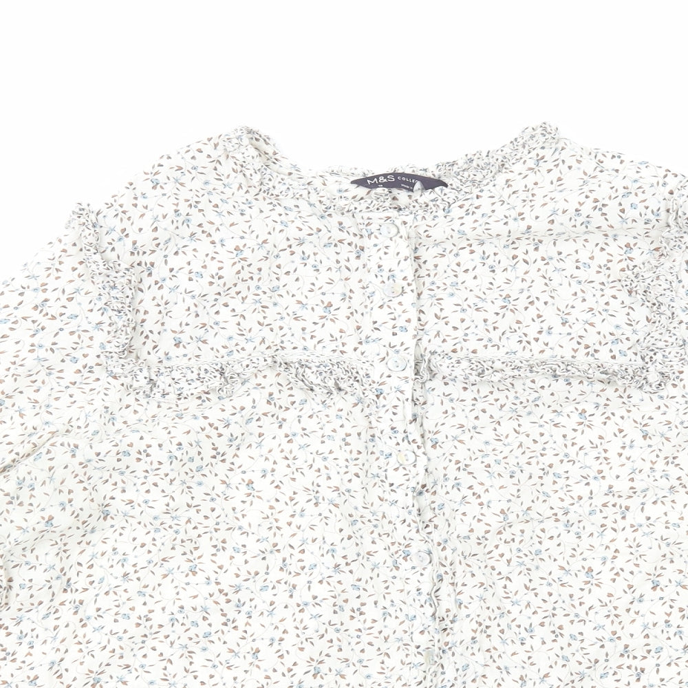 Marks and Spencer Womens White Floral Viscose Basic Button-Up Size 14 Round Neck