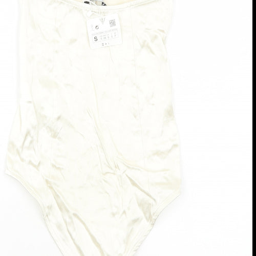 Zara Womens Ivory Viscose Bodysuit One-Piece Size S Zip