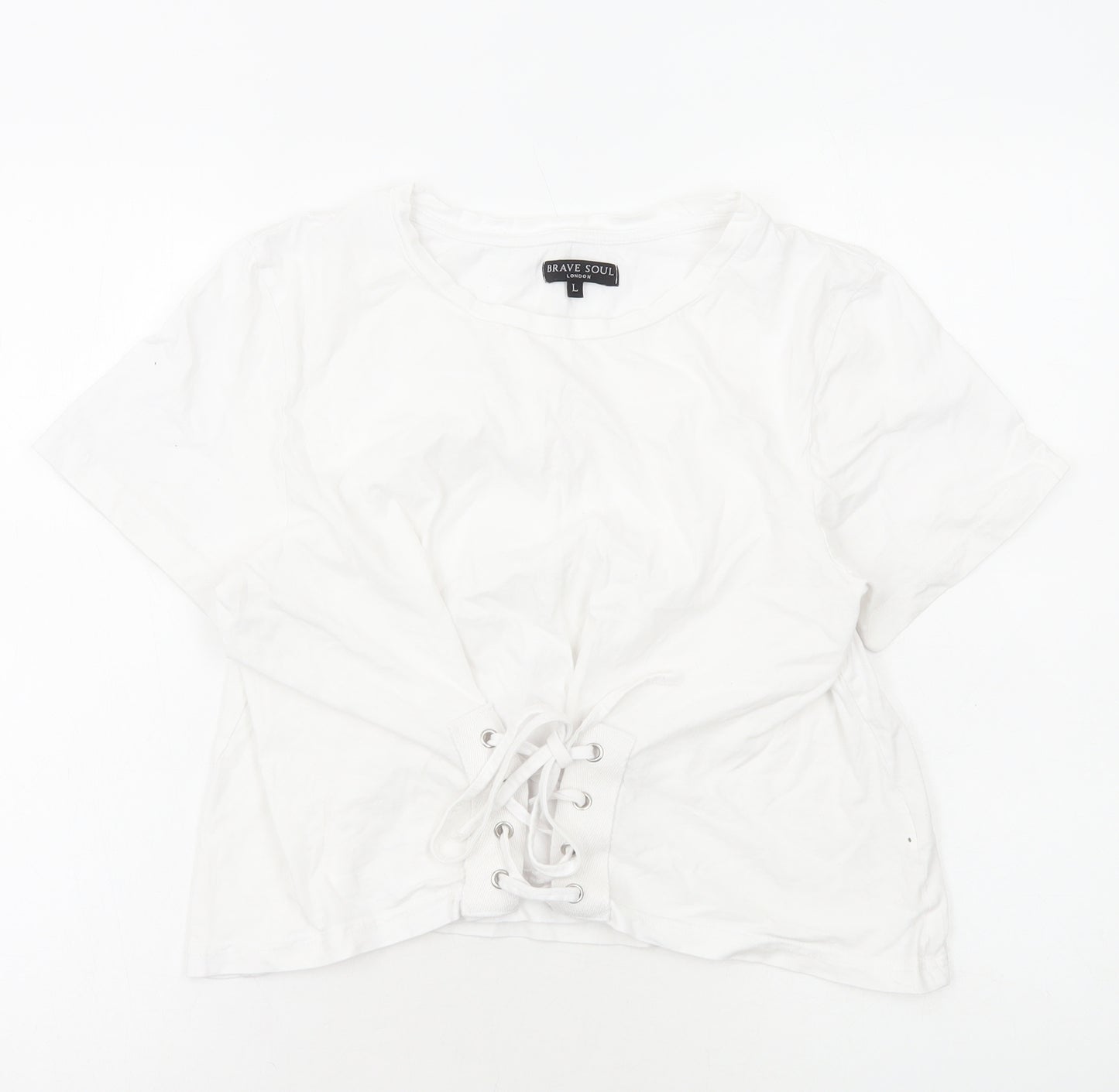 Brave Soul Womens White Viscose Cropped T-Shirt Size L Scoop Neck - Lace Up Front Detail