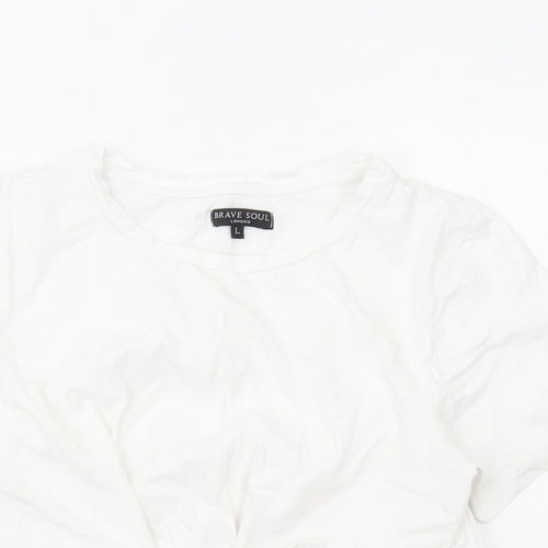 Brave Soul Womens White Viscose Cropped T-Shirt Size L Scoop Neck - Lace Up Front Detail