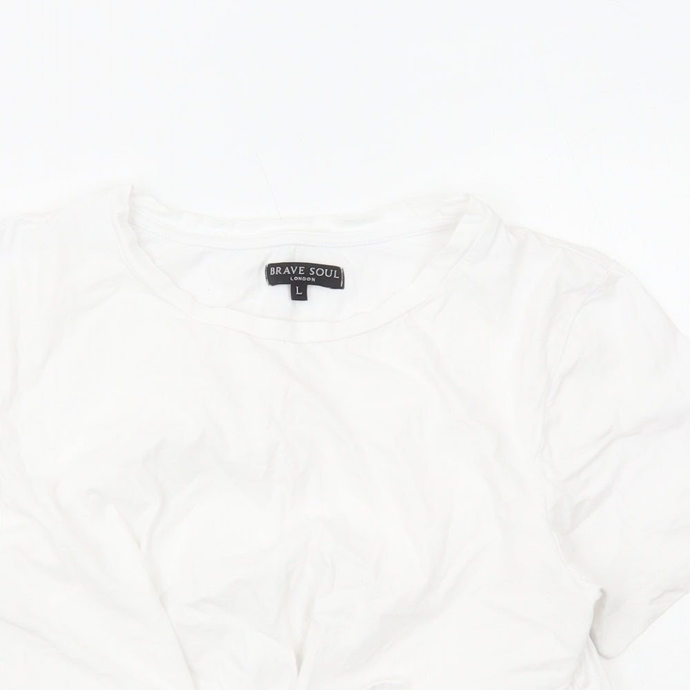 Brave Soul Womens White Viscose Cropped T-Shirt Size L Scoop Neck - Lace Up Front Detail