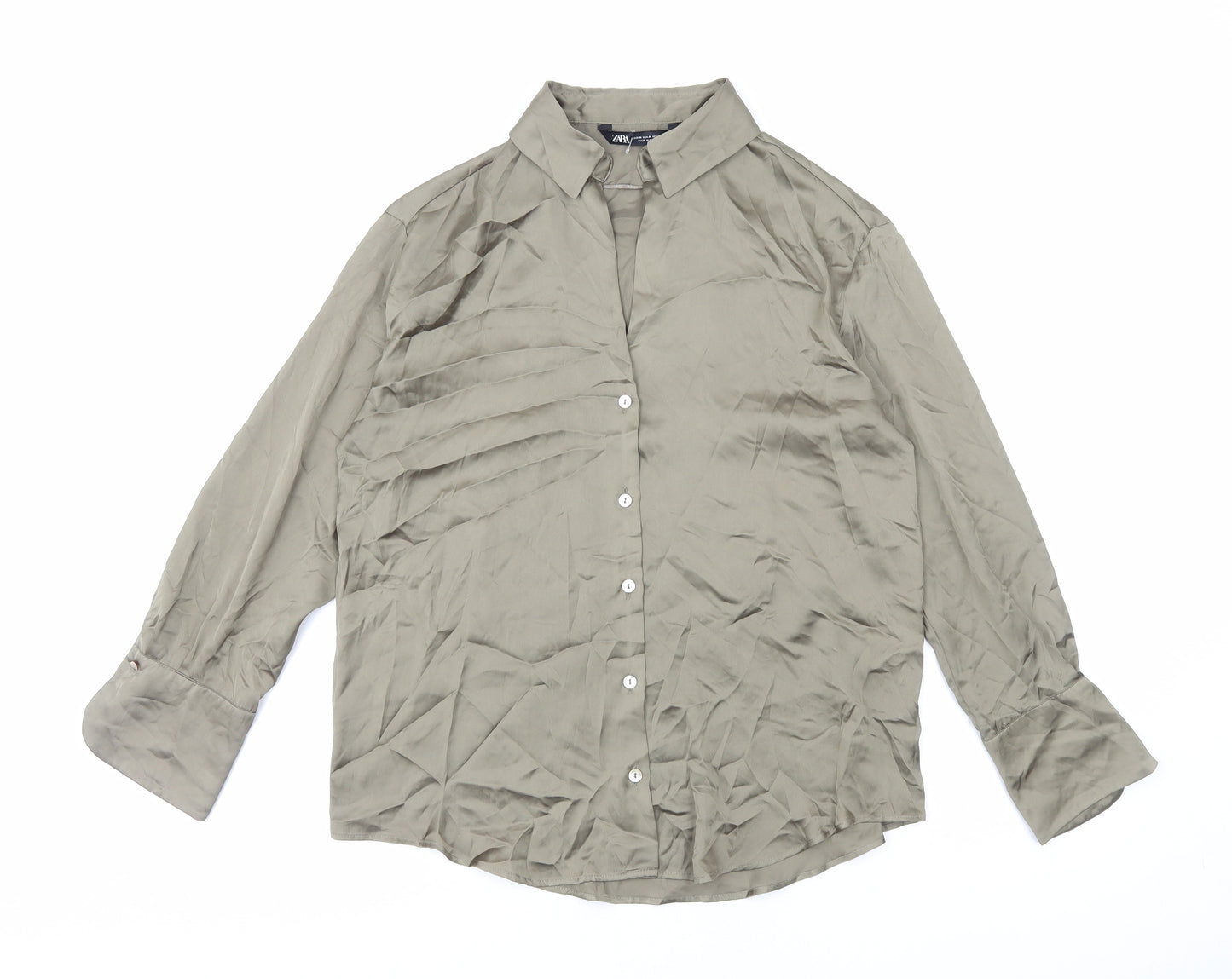 Zara Womens Green Polyester Basic Button-Up Size M Collared