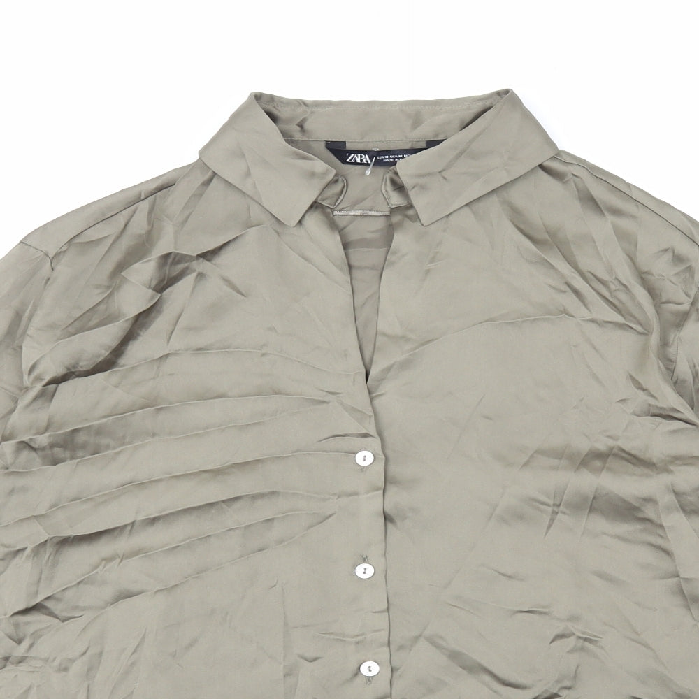 Zara Womens Green Polyester Basic Button-Up Size M Collared