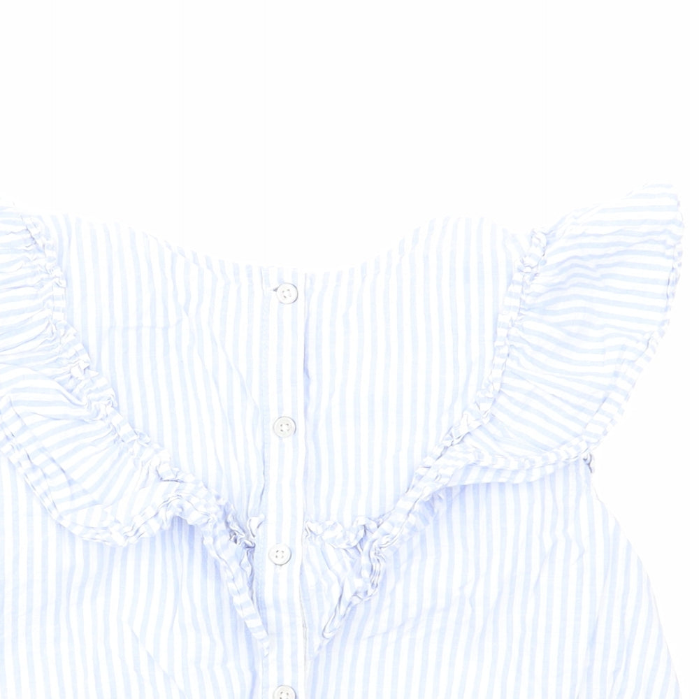 NEXT Girls Blue Striped Cotton Basic Button-Up Size 15 Years Boat Neck Button