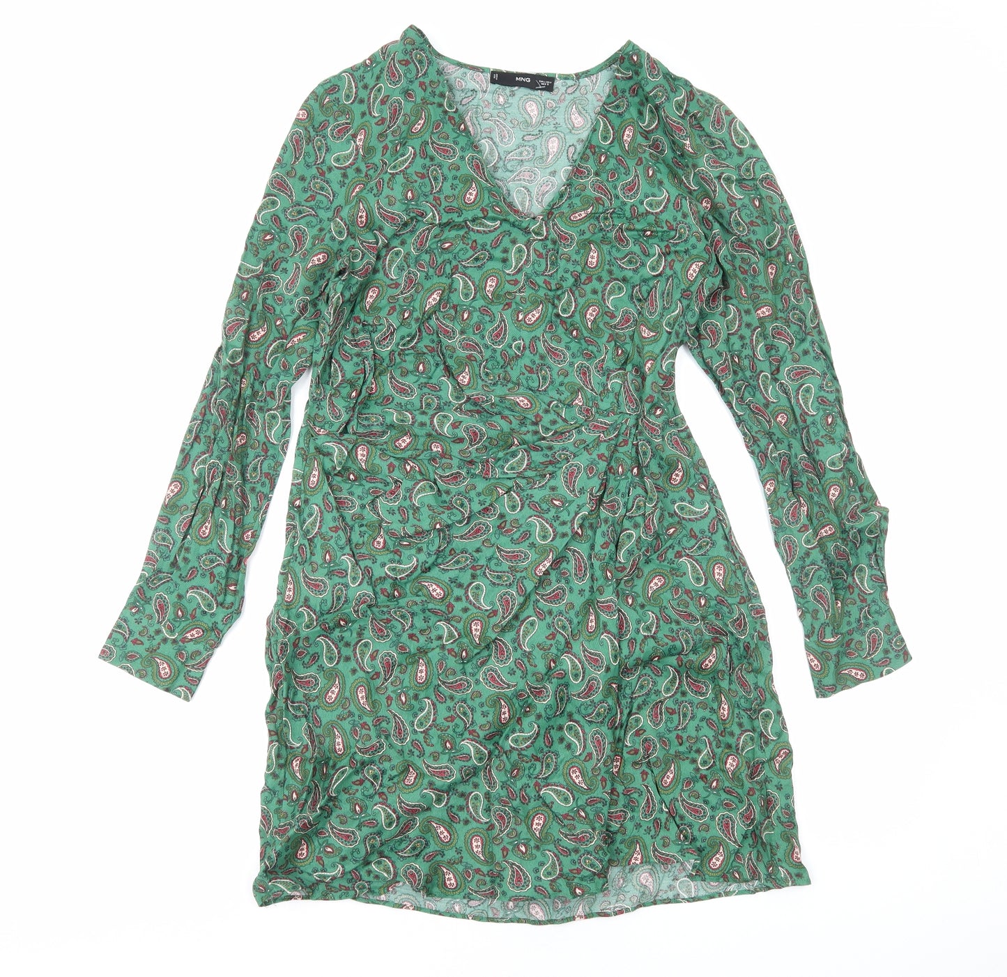 Mango Womens Green Paisley Viscose Shift Size L V-Neck Zip