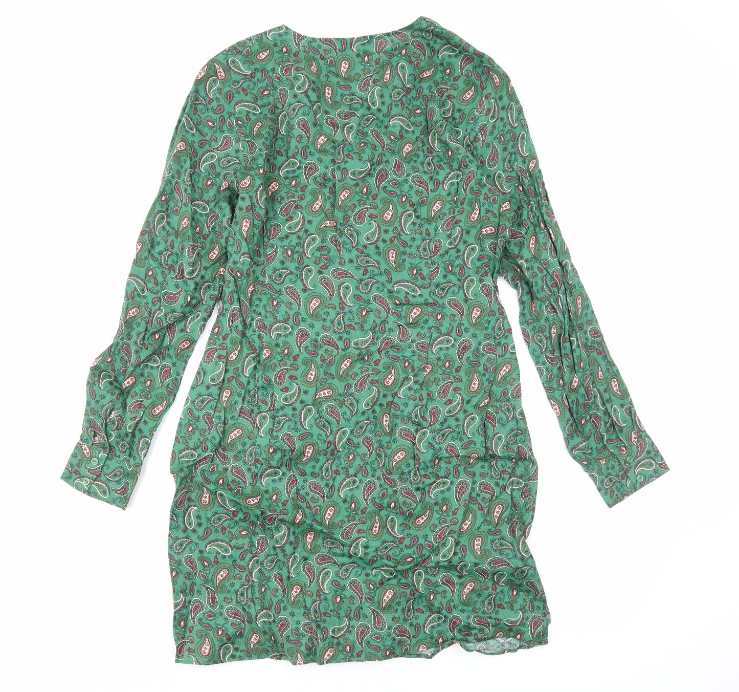 Mango Womens Green Paisley Viscose Shift Size L V-Neck Zip