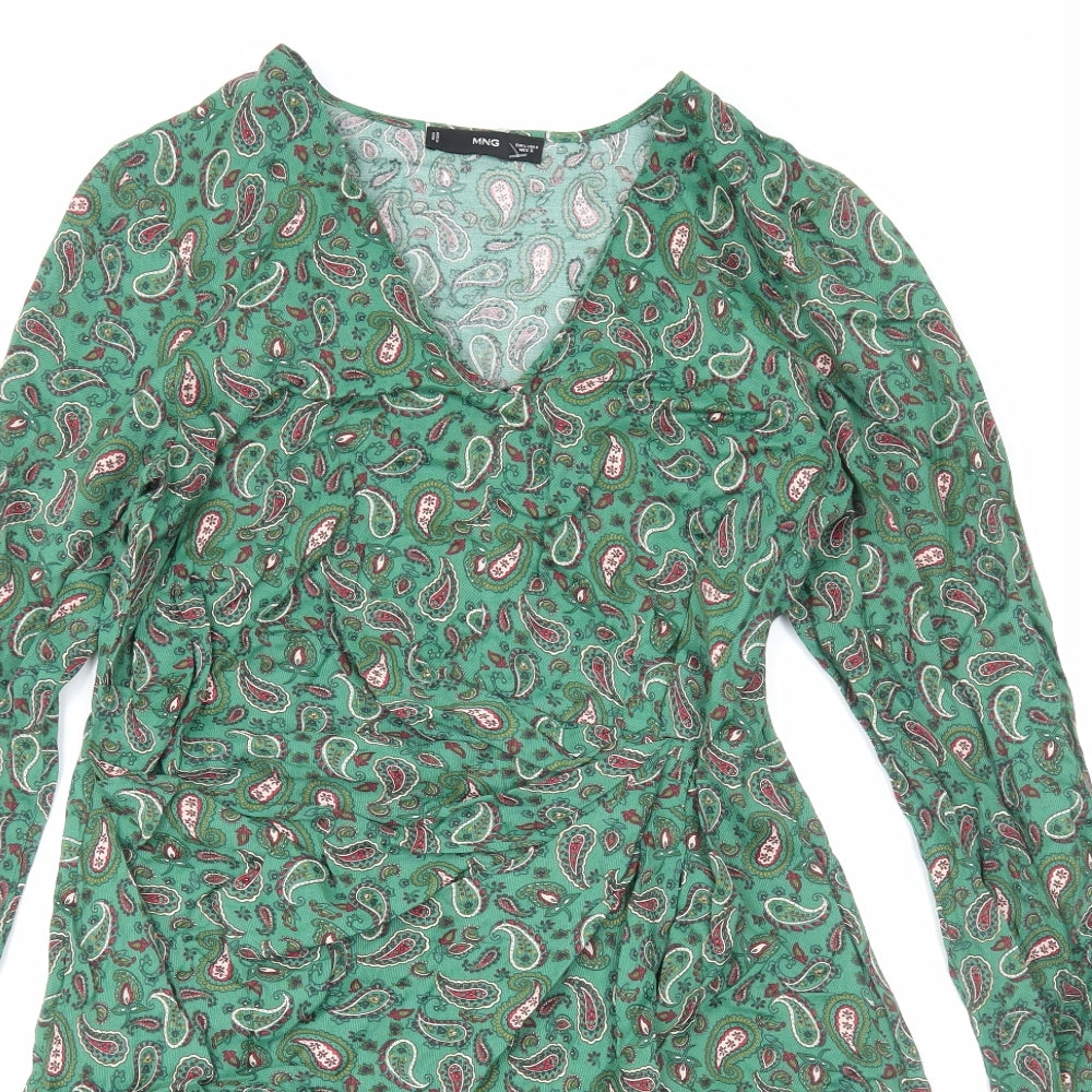 Mango Womens Green Paisley Viscose Shift Size L V-Neck Zip