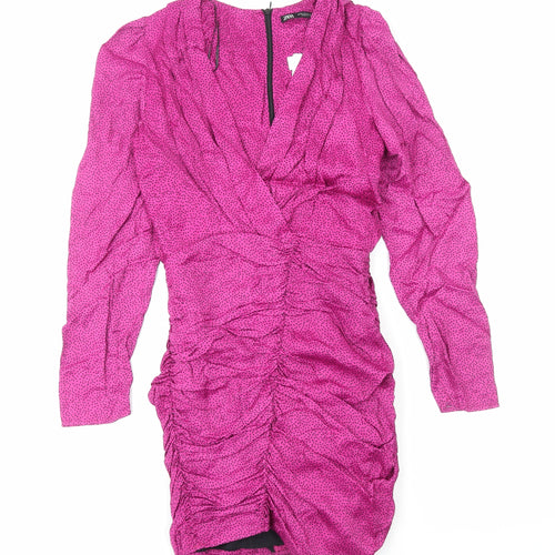 Zara Womens Pink Animal Print Polyester Bodycon Size XS V-Neck Zip - Pleat Detail