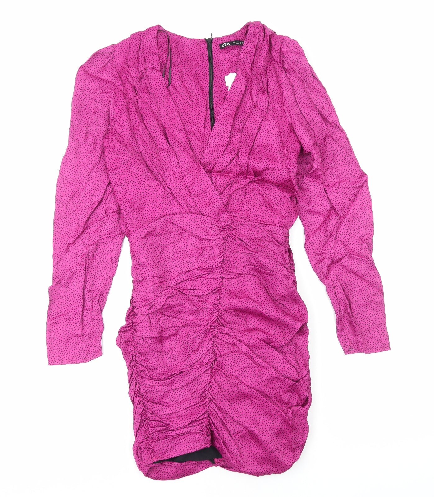 Zara Womens Pink Animal Print Polyester Bodycon Size XS V-Neck Zip - Pleat Detail