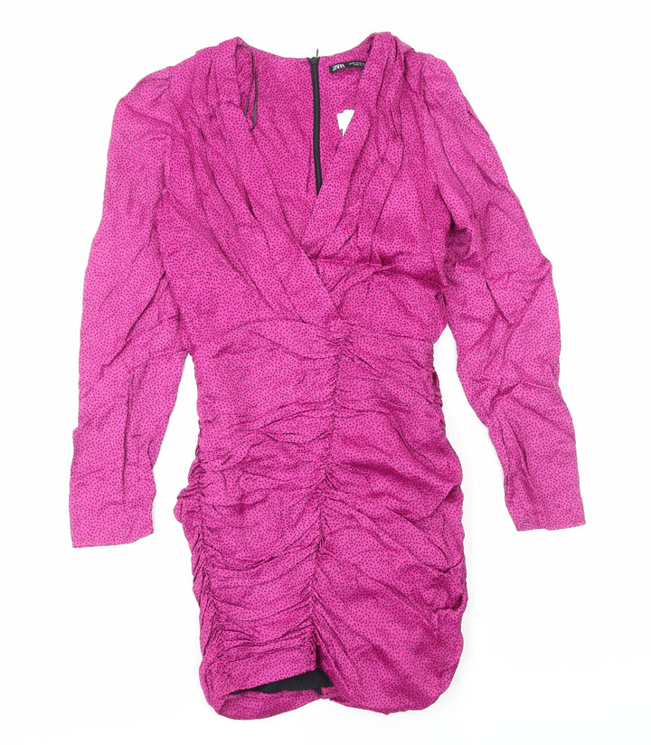 Zara Womens Pink Animal Print Polyester Bodycon Size XS V-Neck Zip - Pleat Detail