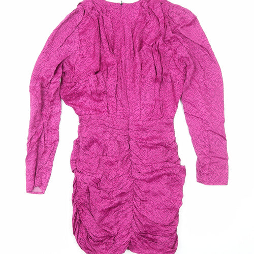 Zara Womens Pink Animal Print Polyester Bodycon Size XS V-Neck Zip - Pleat Detail