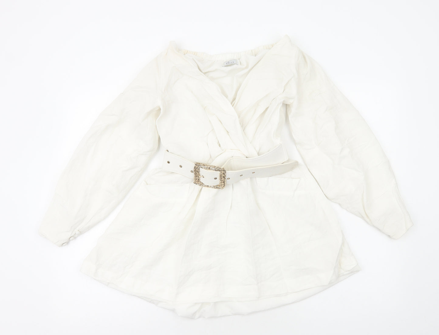 Oh Polly Womens White Cotton Mini Size 8 V-Neck Pullover - Pleat Detail