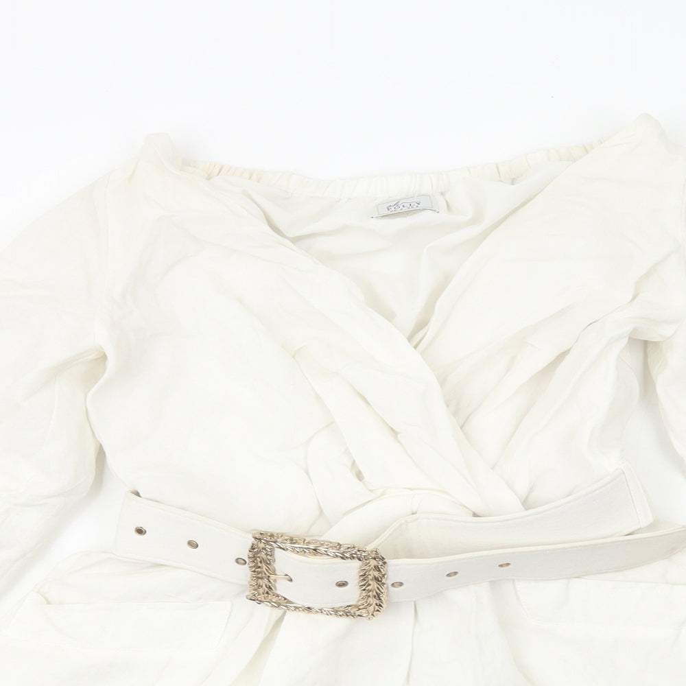 Oh Polly Womens White Cotton Mini Size 8 V-Neck Pullover - Pleat Detail