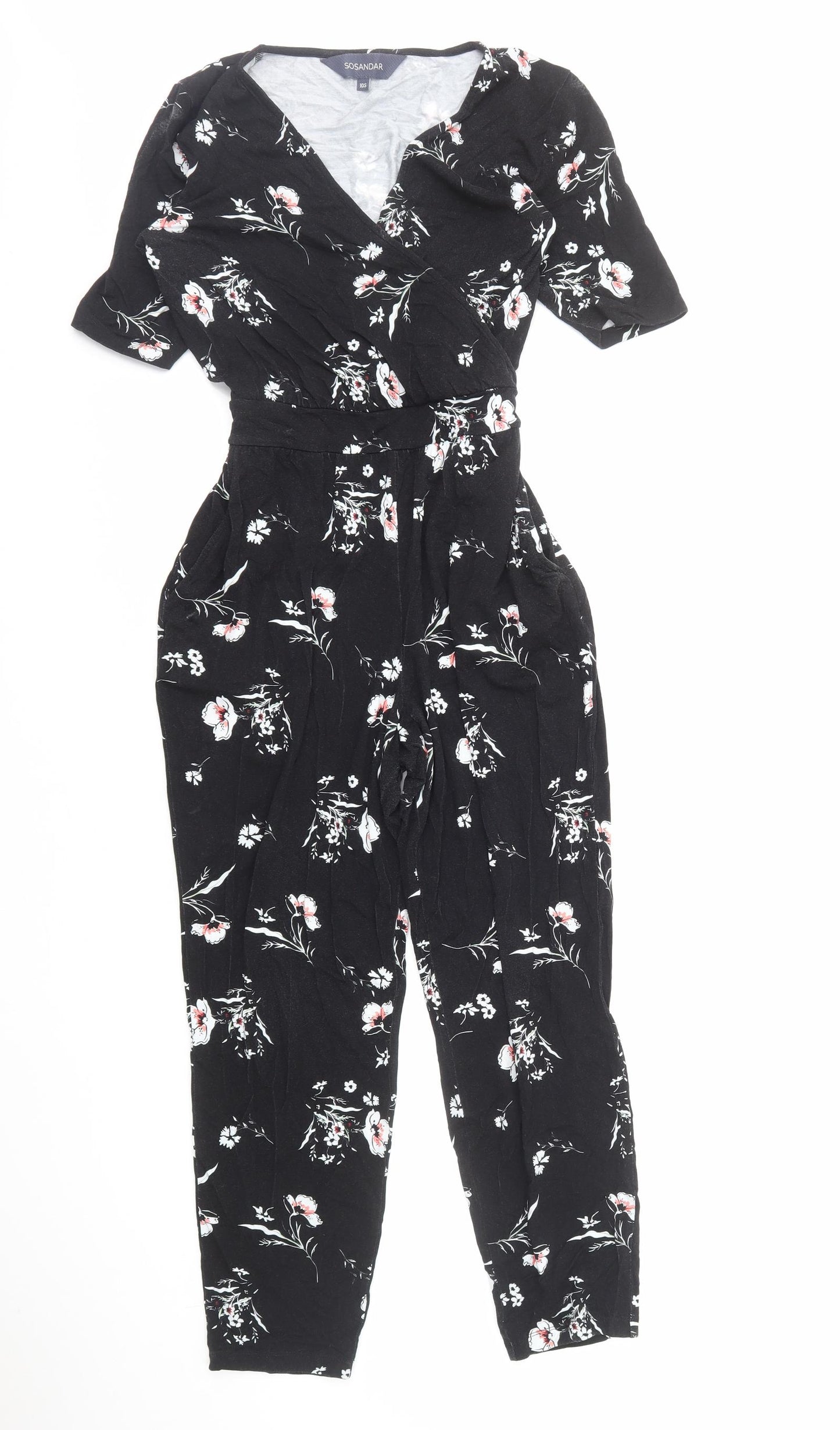 SOSANDAR Womens Black Floral Viscose Jumpsuit One-Piece Size 10 Pullover