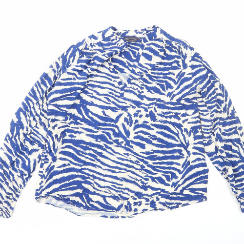 Marks and Spencer Womens Blue Animal Print Viscose Basic Blouse Size 6 Round Neck - Tiger Print
