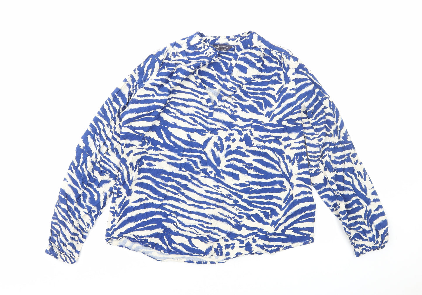 Marks and Spencer Womens Blue Animal Print Viscose Basic Blouse Size 6 Round Neck - Tiger Print