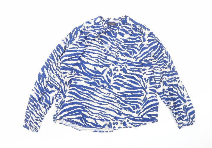 Marks and Spencer Womens Blue Animal Print Viscose Basic Blouse Size 6 Round Neck - Tiger Print