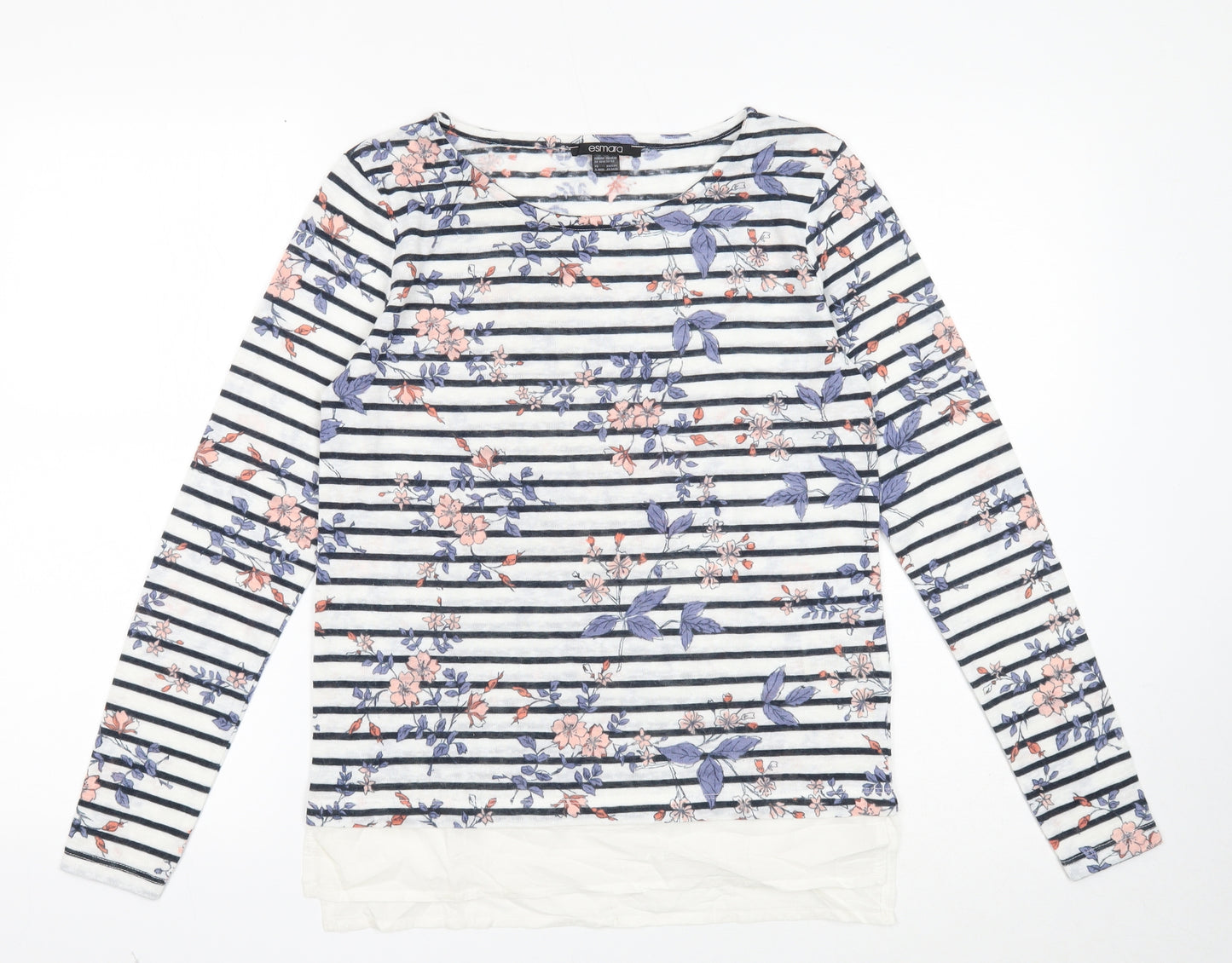 ESMARA Womens White Boat Neck Floral Polyester Pullover Jumper Size XS - Chiffon Hem