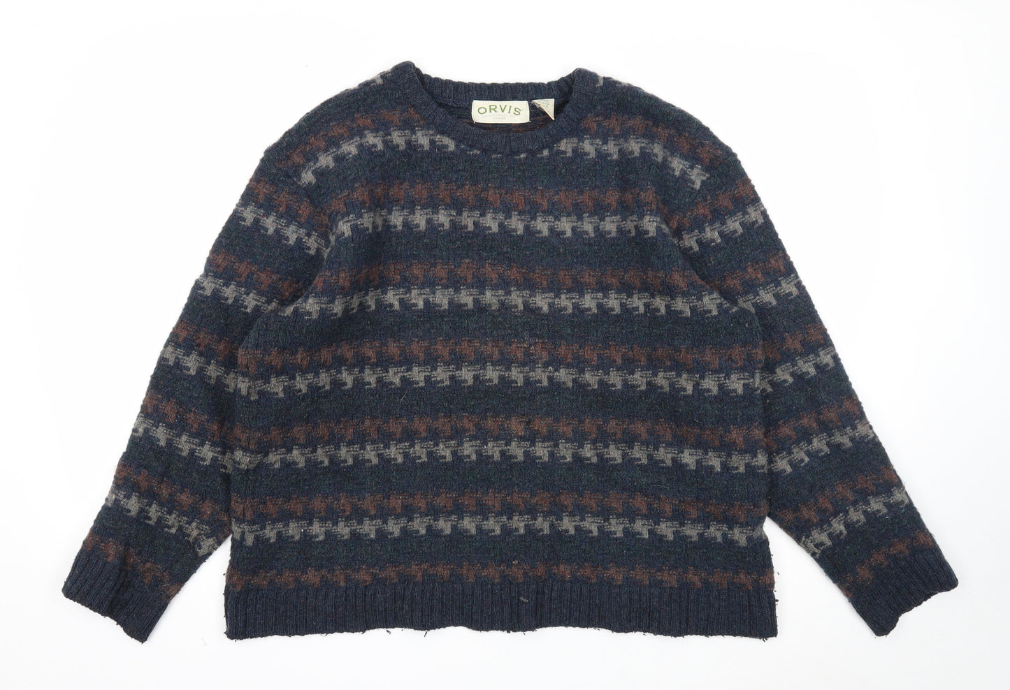 Orvis Mens Blue Round Neck Geometric Wool Pullover Jumper Size L Long Sleeve
