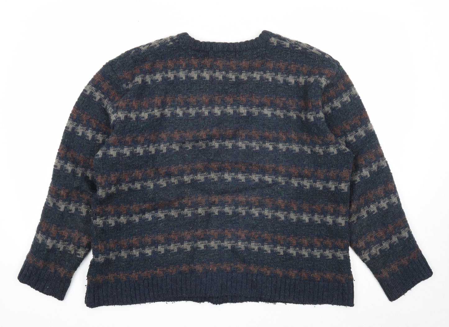 Orvis Mens Blue Round Neck Geometric Wool Pullover Jumper Size L Long Sleeve