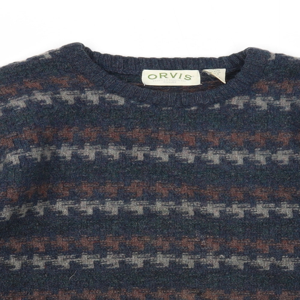 Orvis Mens Blue Round Neck Geometric Wool Pullover Jumper Size L Long Sleeve