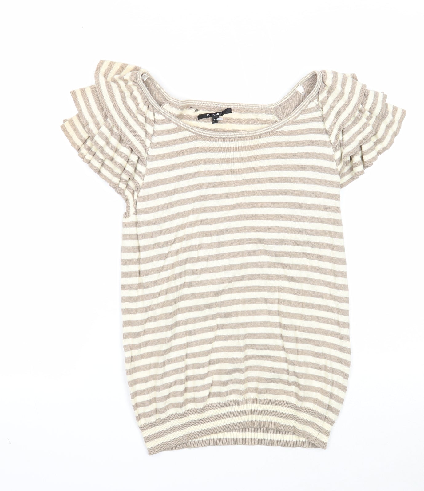 Dunnes Womens Beige Striped Cotton Basic T-Shirt Size 12 Boat Neck