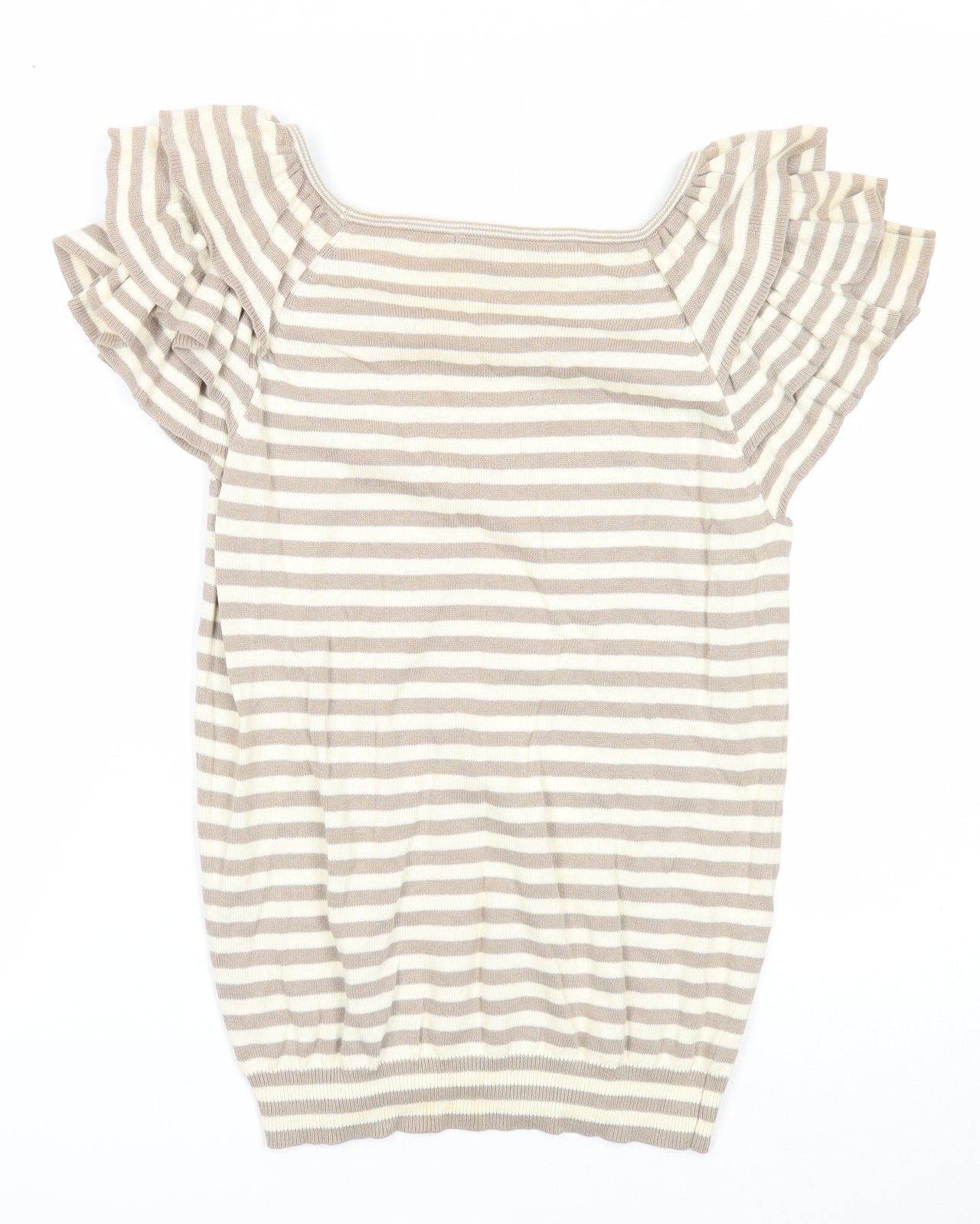 Dunnes Womens Beige Striped Cotton Basic T-Shirt Size 12 Boat Neck