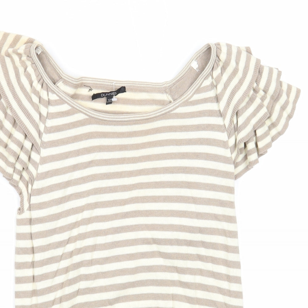 Dunnes Womens Beige Striped Cotton Basic T-Shirt Size 12 Boat Neck