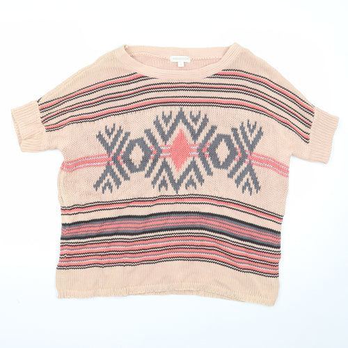 Monsoon Womens Pink Boat Neck Geometric Cotton Pullover Jumper Size S