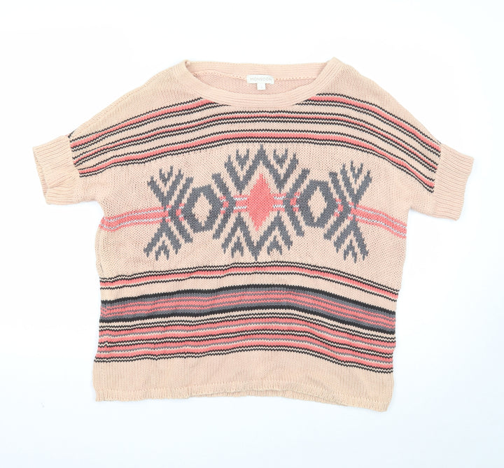 Monsoon Womens Pink Boat Neck Geometric Cotton Pullover Jumper Size S