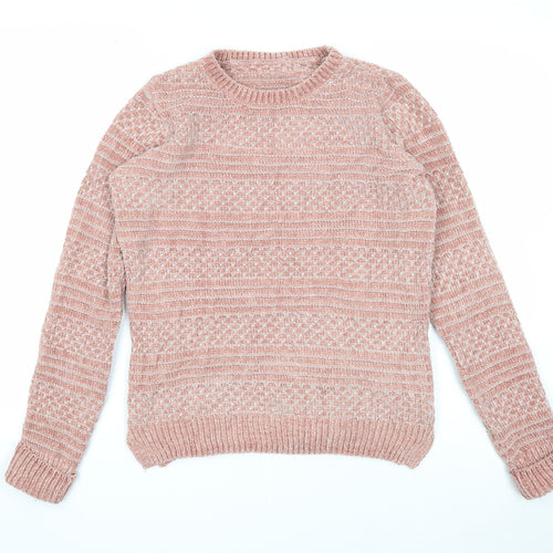 Preworn Womens Pink Round Neck Striped Polyester Pullover Jumper Size 8