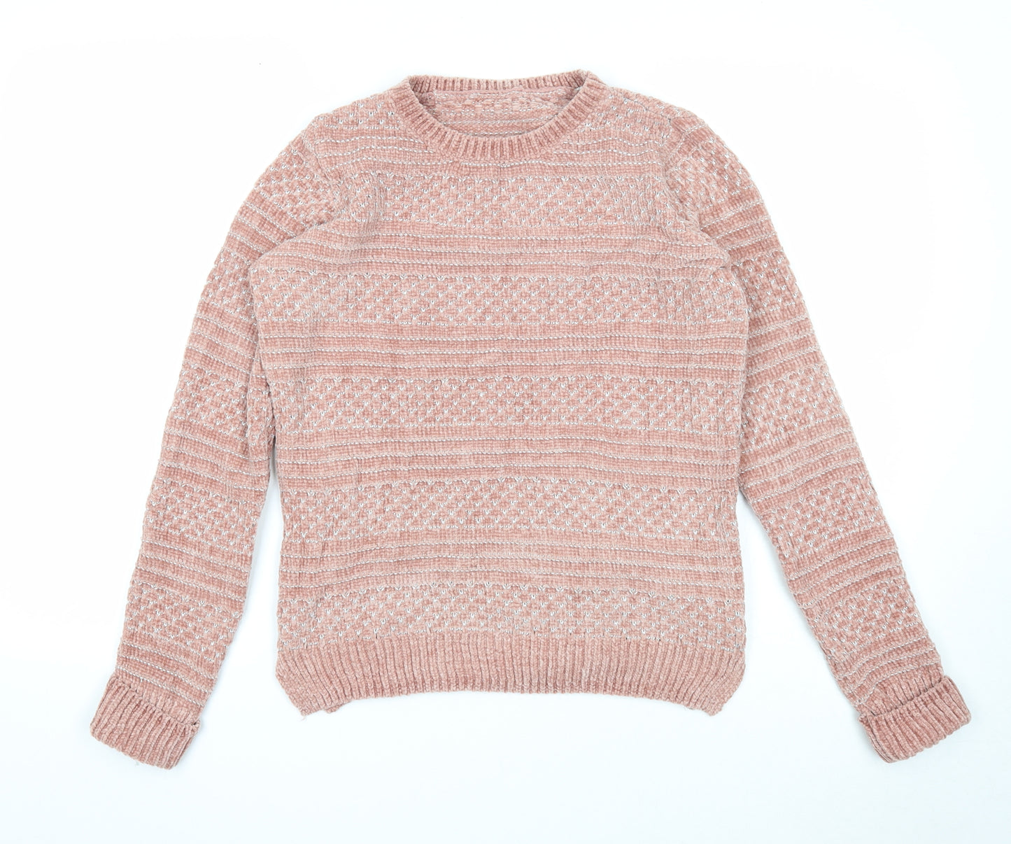 Preworn Womens Pink Round Neck Striped Polyester Pullover Jumper Size 8