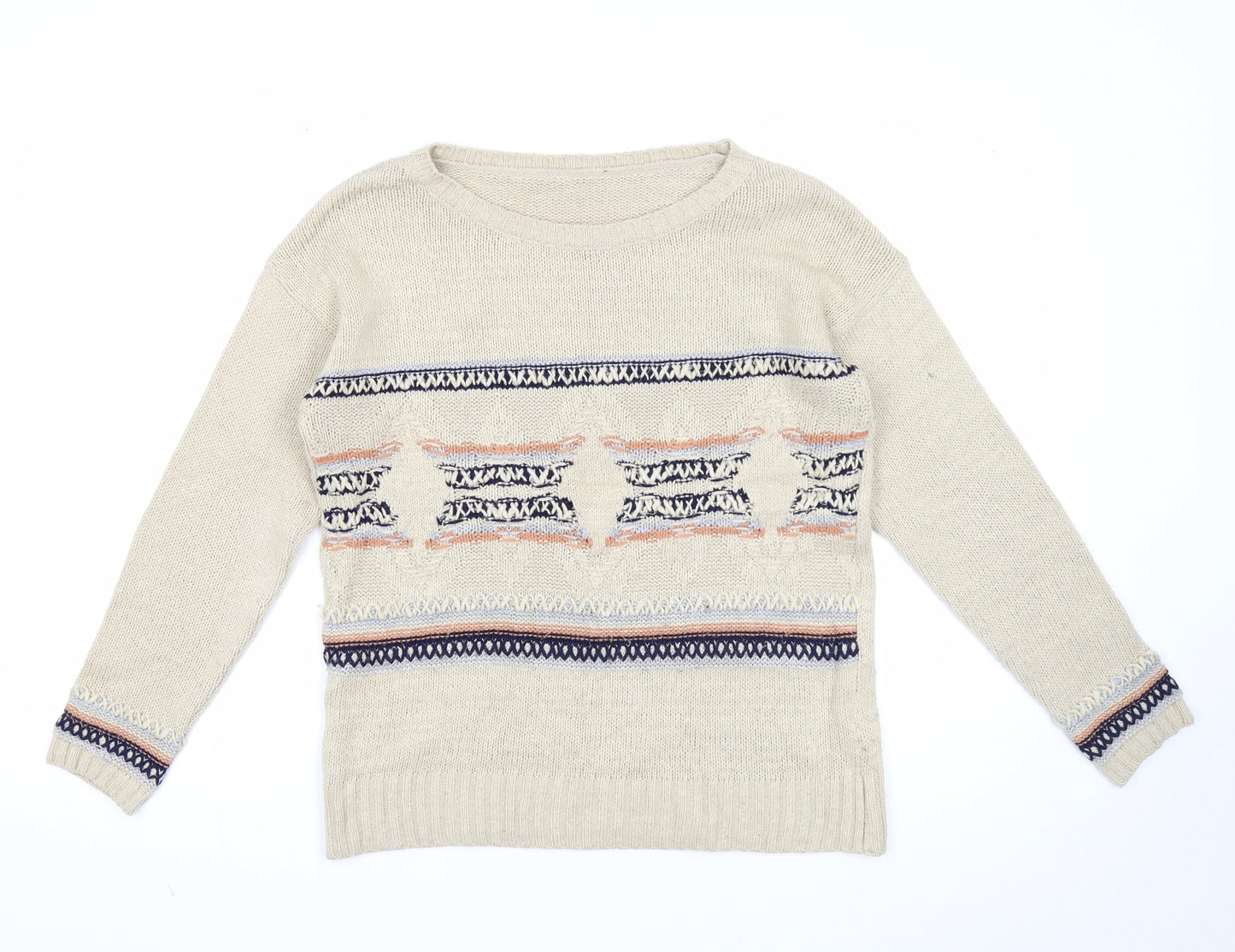 Dorothy Perkins Womens Beige Boat Neck Geometric Acrylic Pullover Jumper Size 12