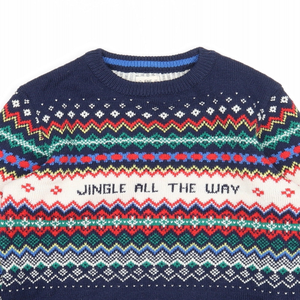 F&F Boys Blue Round Neck Acrylic Pullover Jumper Size 11-12 Years Pullover - Christmas