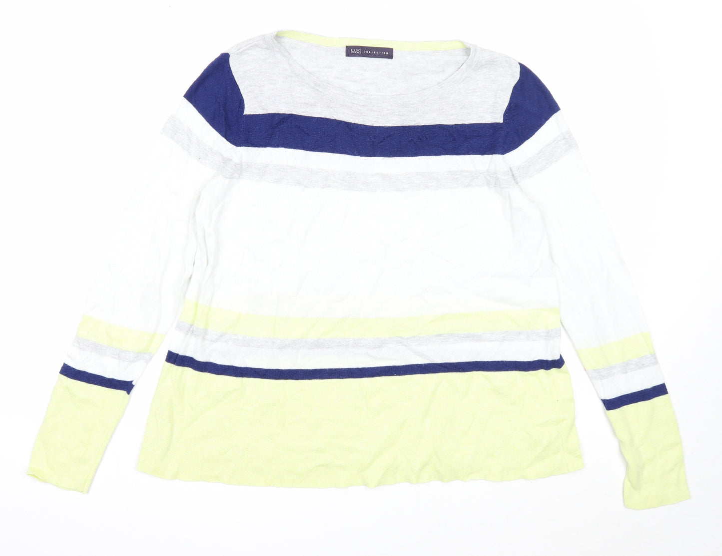 Marks and Spencer Womens Multicoloured Round Neck Striped Cotton Pullover Jumper Size 14