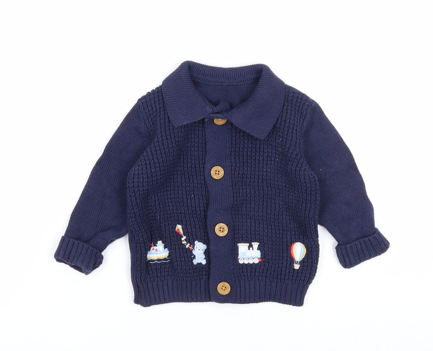 Nutmeg Boys Blue Cotton Cardigan Jumper Size 3-6 Months Button - Train Boat